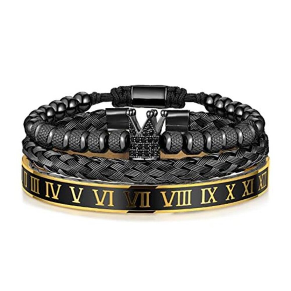 Mens Crown Bracelets Set Stainless Steel Gold Roman Numeral Adjustable Cuff Jewe